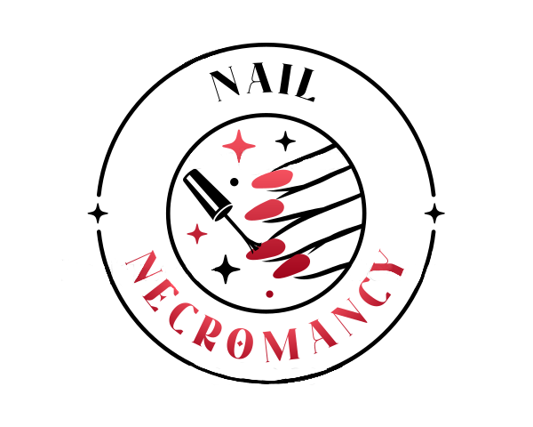 Logo for Nail Necromancy featuring a black circular design with dark gothic elements and bright red accents. The center shows a vertical row of stylized red press-on nails beneath a small star sparkle.